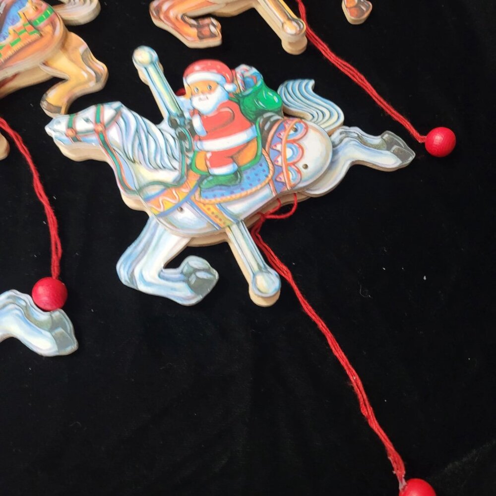 Vintage Carousel Horse with Santa, Germany, Wooden Pull String‎ Jumping Toy #2